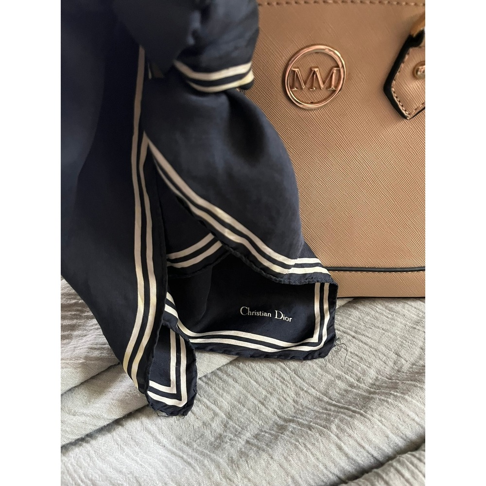 Christian Dior Vintage Silk Scarf Black White Striped Border Square Neck Scarf